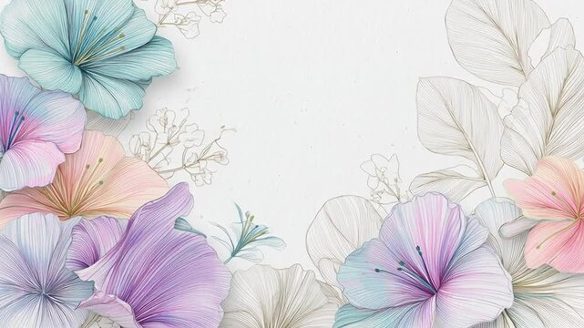 A colorful flower arrangement with a white background. The flowers are purple. Pastel floral sketch with soft pencil texture, subtle gradients, clean white space, pastel hand drawn flower style