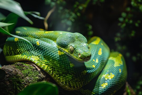 Vibrant green tree python coiled around a mossy branch, showcasing its intricate scales and captivating gaze in a lush rainforest setting