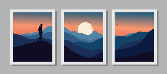 Vibrant mountain landscape with sunset and silhouette of hiker