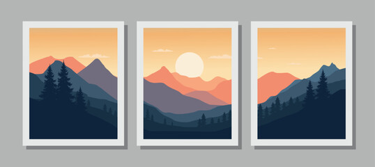 Vibrant mountain landscape illustrations in white frames on gray background