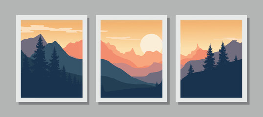 Vibrant mountain landscape illustrations with trees at sunset