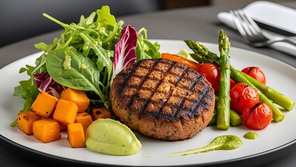 Grilled salmon patty with roasted vegetables and mixed greens salad sweet potatoes asparagus