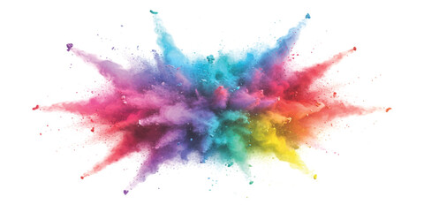 A vibrant explosion of rainbow-colored powder radiating outwards against a clean white background