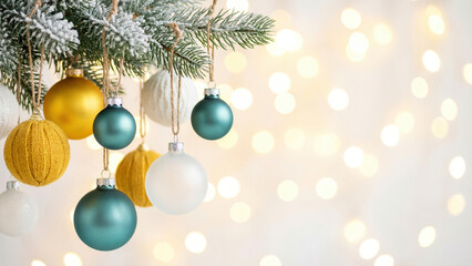 Frosted Christmas Tree Branch with Elegant Ornaments and Warm Bokeh Lights