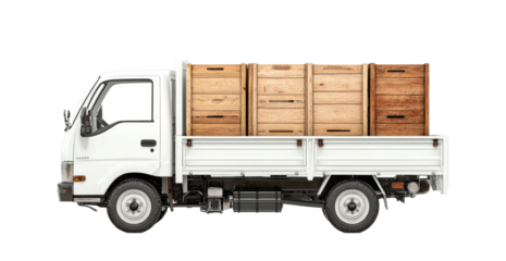 A white pickup truck transporting several large wooden crates against a transparent backdrop