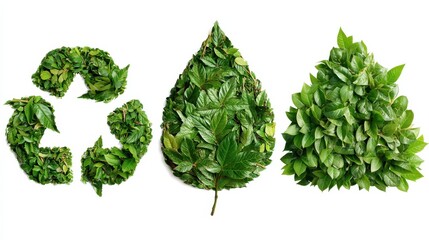 three green leaf recycling symbols formed from lush foliage communicate environmental awareness and eco friendly practices for sustainable initiatives and ecological campaigns