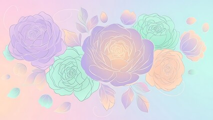 Pastel roses with leaves and petals on gradient background flowers