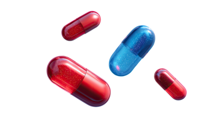 Four colorful translucent pills float against a black background