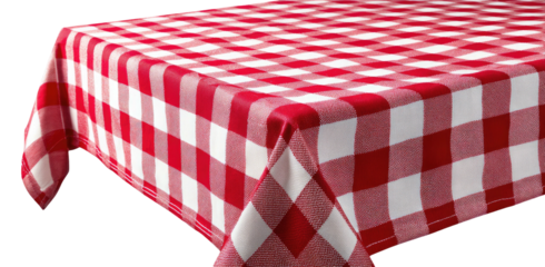 A close-up shot of a red and white checkered tablecloth. It has a slight angle for a unique perspective