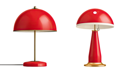 Two table lamps with red domed shades, brass accents, and minimalist designs