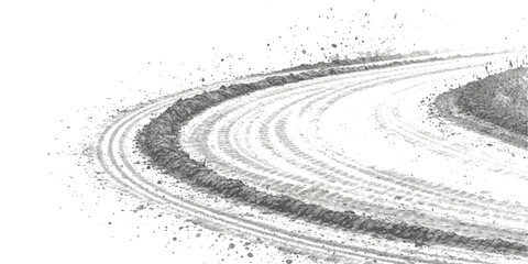 Obraz premium Dynamic tire tracks on a sharp curve with flying dirt, isolated on white background