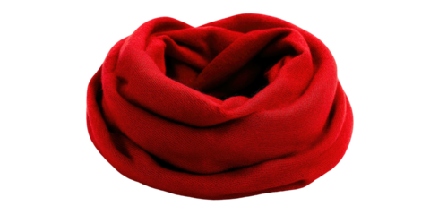 A rolled-up scarlet textile, displayed against a stark black background, showcasing texture and folds