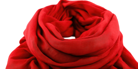 A close-up view of a vibrant red, soft scarf with delicate folds and textures