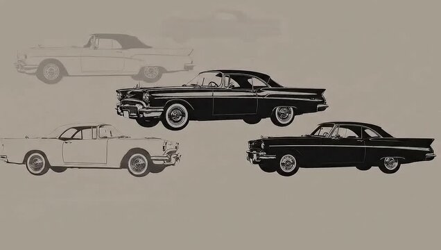 A captivating animation showcasing the evolution of a classic car drawing, from initial outline to a collection of vintage vehicles.
