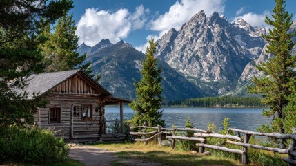 Fototapeta premium Rustic Cabin by Mountain Lake with Scenic Mountain Views