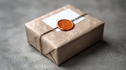 a neatly sealed cardboard box with a blank white label and orange wax seal sits on a smooth gray surfaceevoking themes of anticipation secure delivery and understated elegance in packaging design