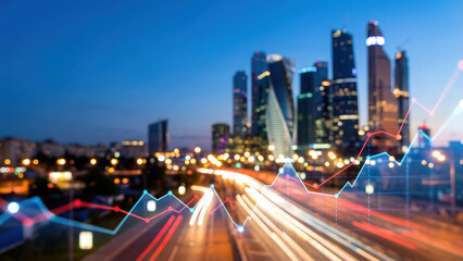 City Nightscape with Digital Finance Trends and Traffic Flow