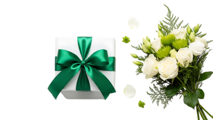 Gift box with green ribbon and bouquet of white roses in soft natural lighting for wedding decor transparent background.