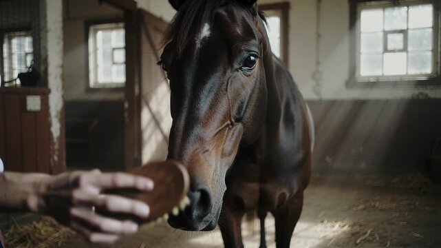 Woman gently brushing a beautiful brown horse in a sunlit stable during an equestrian grooming session.
