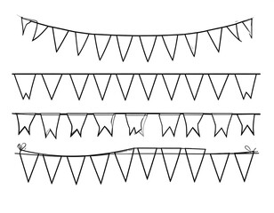 A collection of four different pennant banners displayed in black line art style, each with varying shapes and arrangements