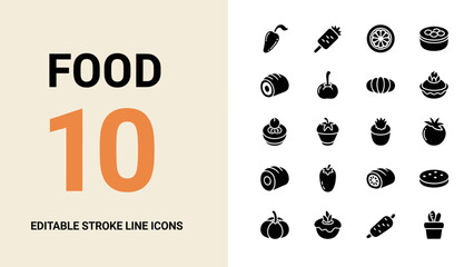 Set of 10 Editable Stroke Line Icons Representing Food Items.