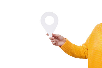 hand holding white location pin, isolated on background