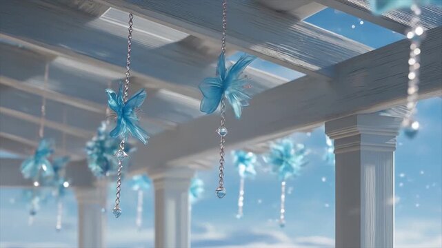 Blue floral decorations hanging from white trellis against sunny sky