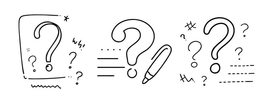 Hand-drawn question marks and doodles expressing inquiry and mystery