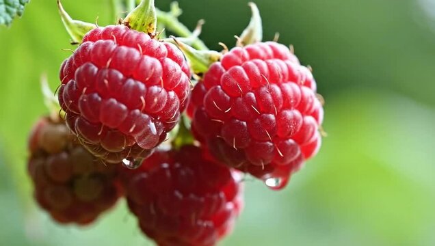Cluster of Ripe Red Raspberries on a Branch