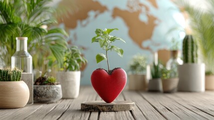 red heart shape with green plant sprouting on wooden table surrounded by indoor plants and earth map background