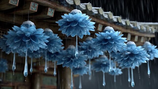 Blue floral decorative elements with water drop features hanging under a roof
