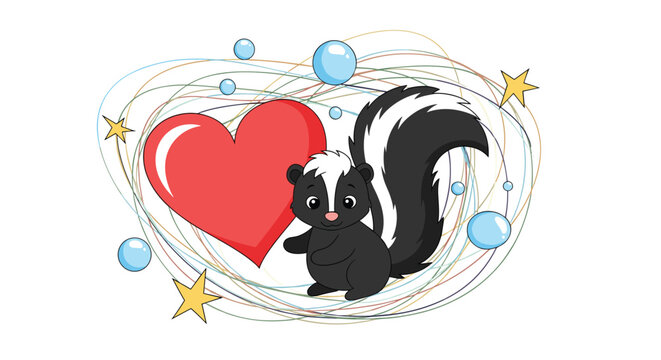Adorable skunk character sitting next to a large red heart surrounded by colorful swirls and stars and various small blue bubbles.