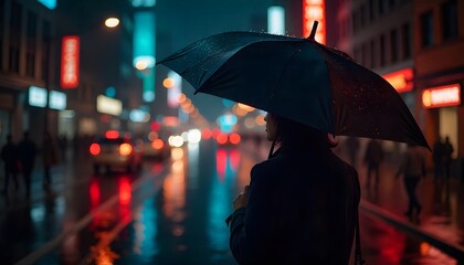 Cinematic night scene of a black umbrella in the rain with neon lights and frozen water drops. Dramatic and stylish, perfect for advertising or editorial themes.