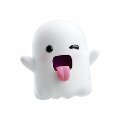 3D cute cartoon ghost with funny face, closed smiling eyes and tongue out, halloween character, isolated on transparent background.