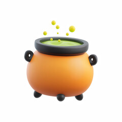 3D cute cartoon orange cauldron with bubbling green potion and floating bubbles, Halloween icon, isolated on transparent background.