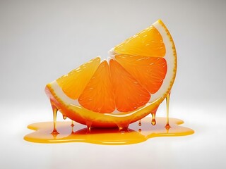 Juicy orange slice with pulp and juice dripping down on plain surface