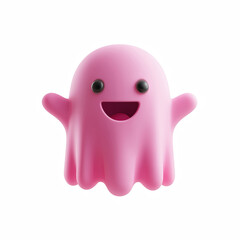 Obraz premium 3D cute cartoon pink ghost with smiling face, kawaii Halloween character icon, isolated on transparent background.