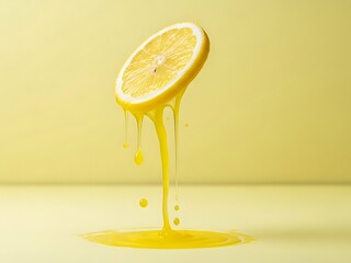Lemon slice with juice dripping down on yellow surface and wall