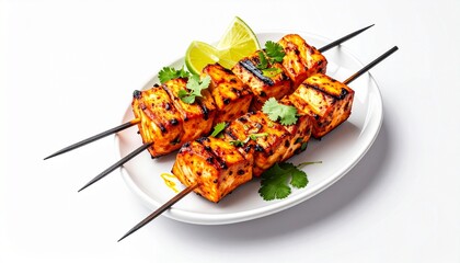Grilled paneer skewers with charred edges and cilantro garnish on white plate