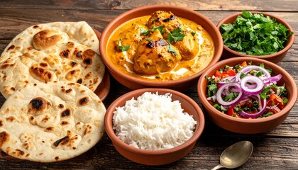 Traditional Indian meal with butter chicken, naan, rice, salad, and cilantro in clay bowls on wood