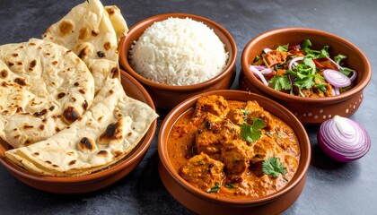 Traditional Indian meal with butter chicken, naan, rice, salad, and cilantro in clay bowls on wood