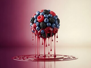 Mixed berries with juice dripping down on a colorful gradient surface one side dark and one side light