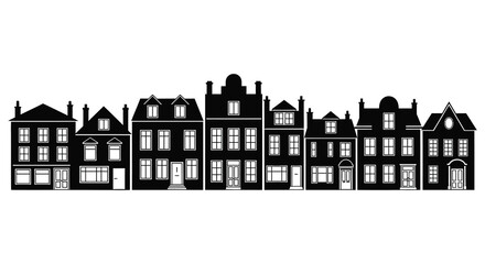 A row of traditional european buildings depicted in a striking black and white silhouette © Pvect02