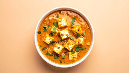 Indian curry with paneer, cream, and spices on bright green background