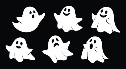 Set of six cute cartoon ghosts with different funny expressions and poses on a solid black background for halloween.