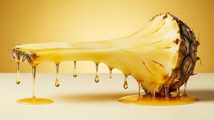 Pineapple half with honey dripping from it on table surface with yellow wall