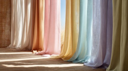 sunlit linen drapes in pastel hues on bamboo evoke tranquil ecochic minimalism perfect for hygge retreats and earth day