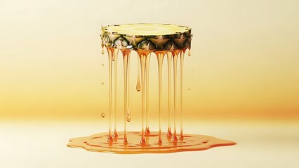 Pineapple with juice dripping down on yellow background  tropical fruit