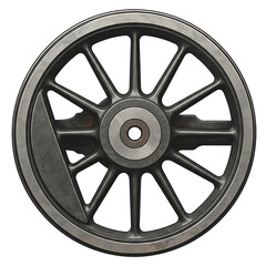 Obraz premium Close-up shot of a metallic wheel with a central hub and multiple spokes on a white background.