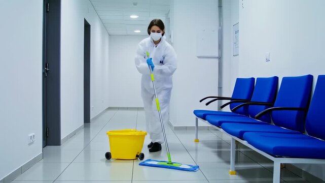 A person in protective gear mops a tiled floor in a bright hallway with chairs